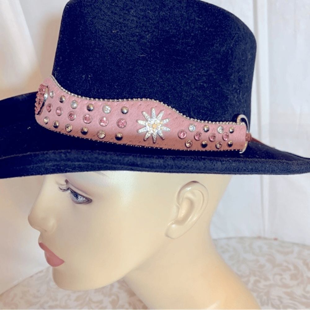 BullHide Cowgirl Cowboy Hat Black Wool Pink Calf Hair Jewel Studded Hatband S/M - Picture 8 of 8